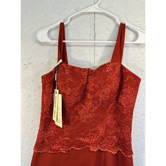 NWT Red Satin Strapless Wedding Prom Dress Lace and Sheer Overlay XS/S - Picture 2 of 11